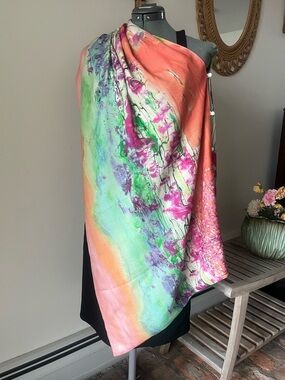 Silk & Cashmere Shawl Wrap Art Print Pink Green Floral Landscape Closures